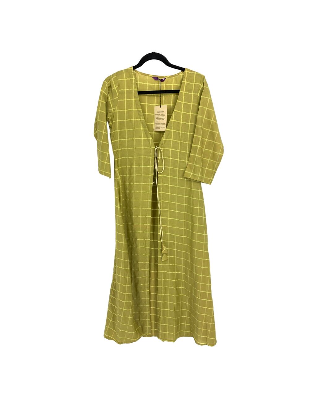 Libas Kurta Tunic Womens M Green Windowpane Check Tie Front Kaftan Style NWT